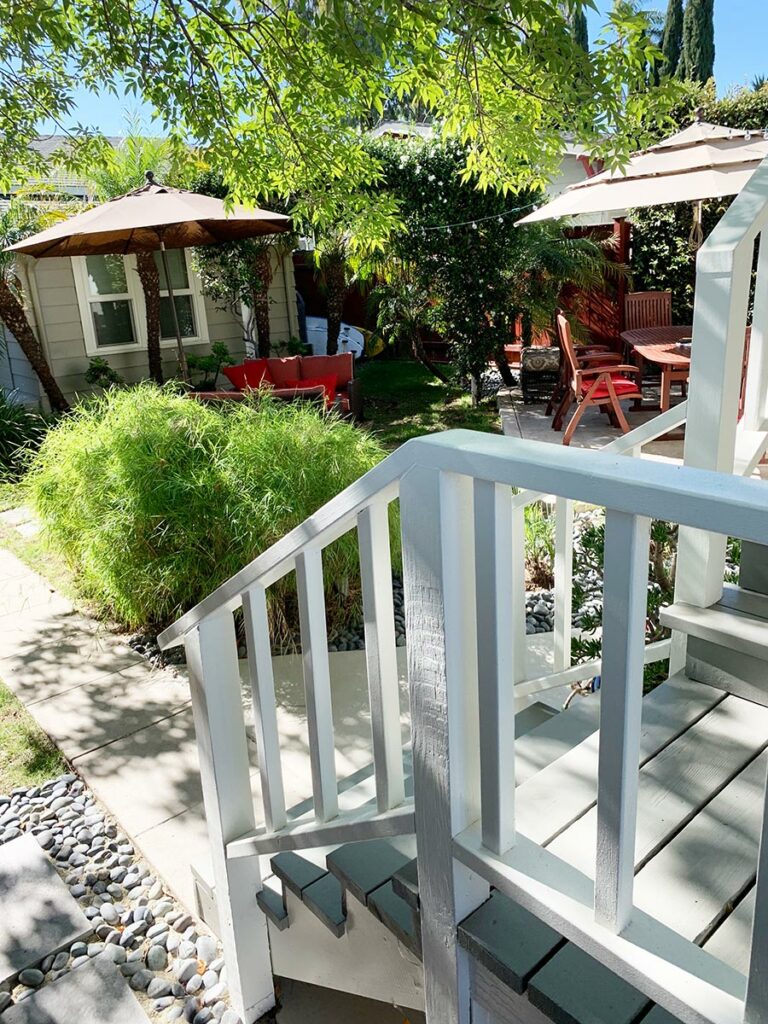 Steps from bed and breakfast down to the outdoor garden setting.